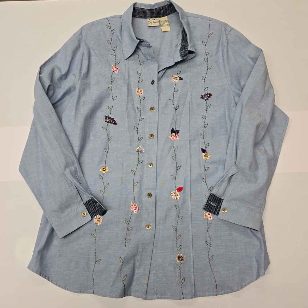 Vintage KORET City Blues Blue Embroidered Floral Butterfly Button Down Shirt 16W